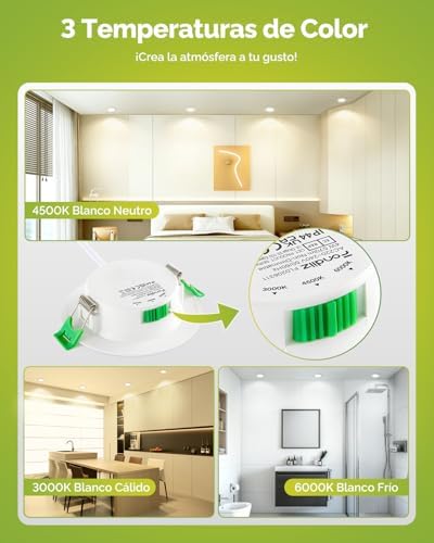 "Focos LED Interior Techo 4W 570LM Blanco Cálido y Neutro, Para Baño IP44 Ojos de Buey, Corte 75mm, Pack de 6"